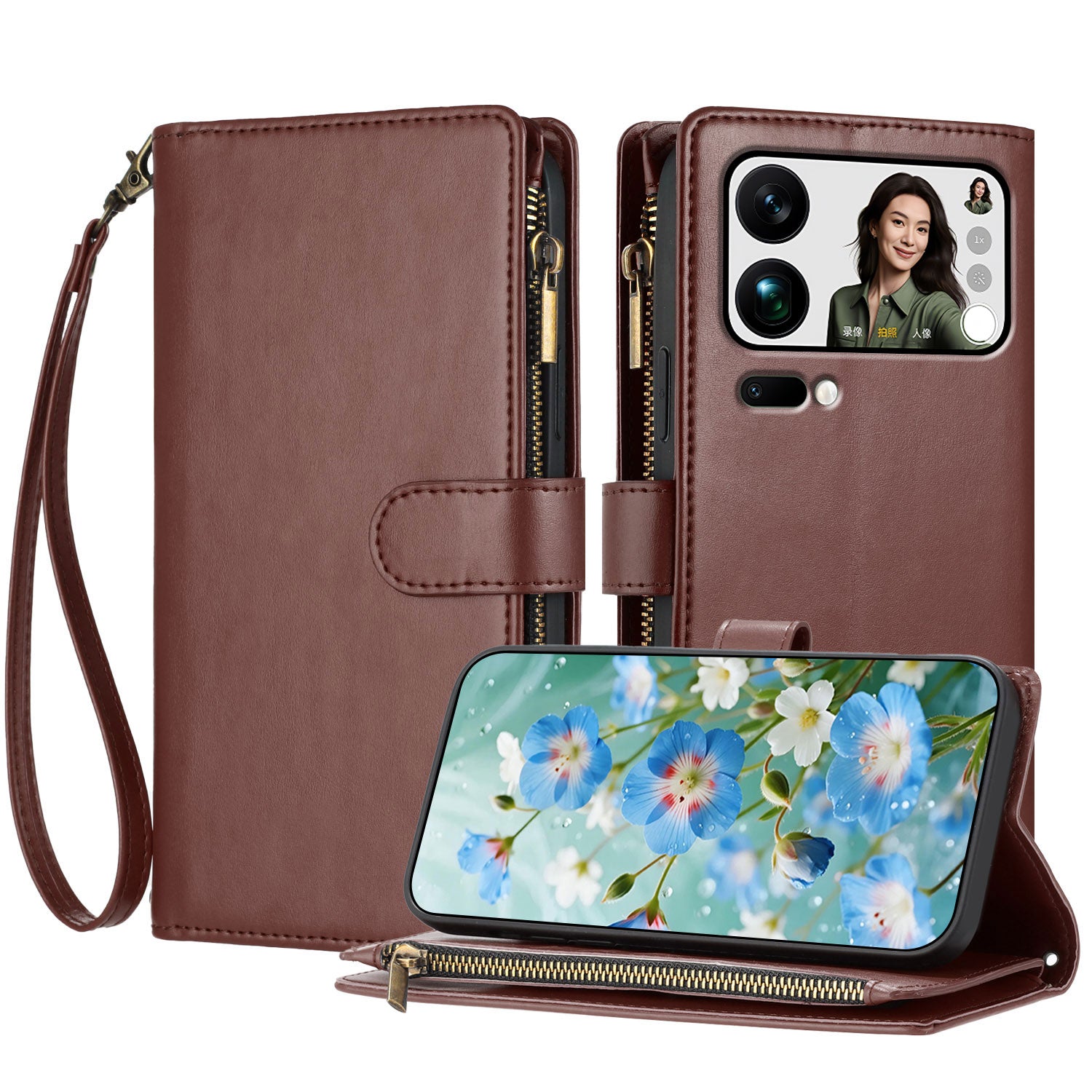 For Xiaomi 17 Pro Max Leather Case Zipper Wallet Stand Shockproof Phone Cover with Wrist Strap - Brown