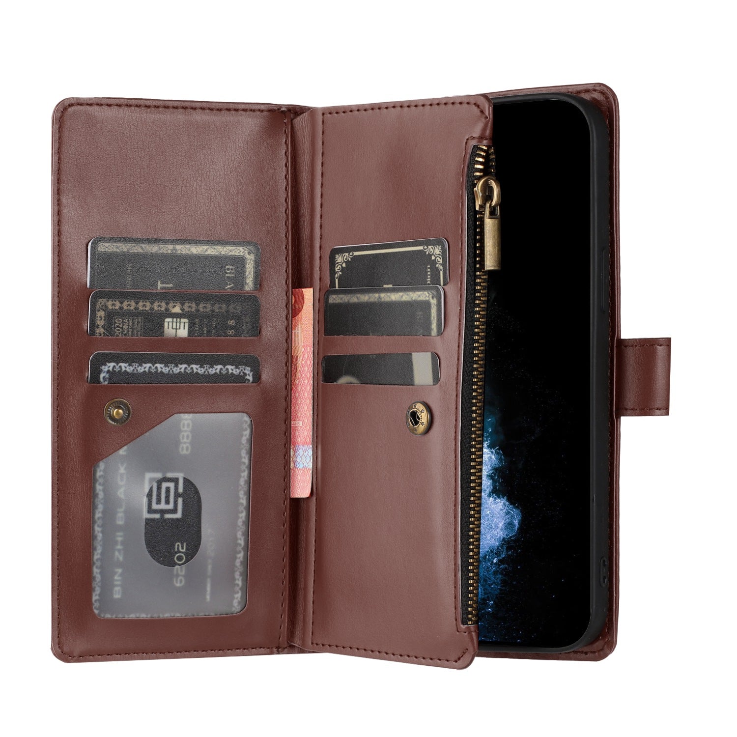For Xiaomi 17 Pro Max Leather Case Zipper Wallet Stand Shockproof Phone Cover with Wrist Strap - Brown