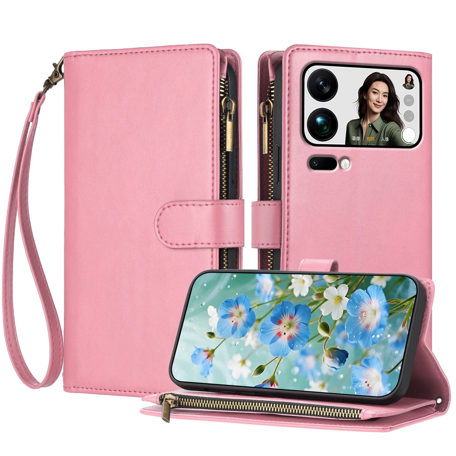 For Xiaomi 17 Pro Max Leather Case Zipper Wallet Stand Shockproof Phone Cover with Wrist Strap - Pink