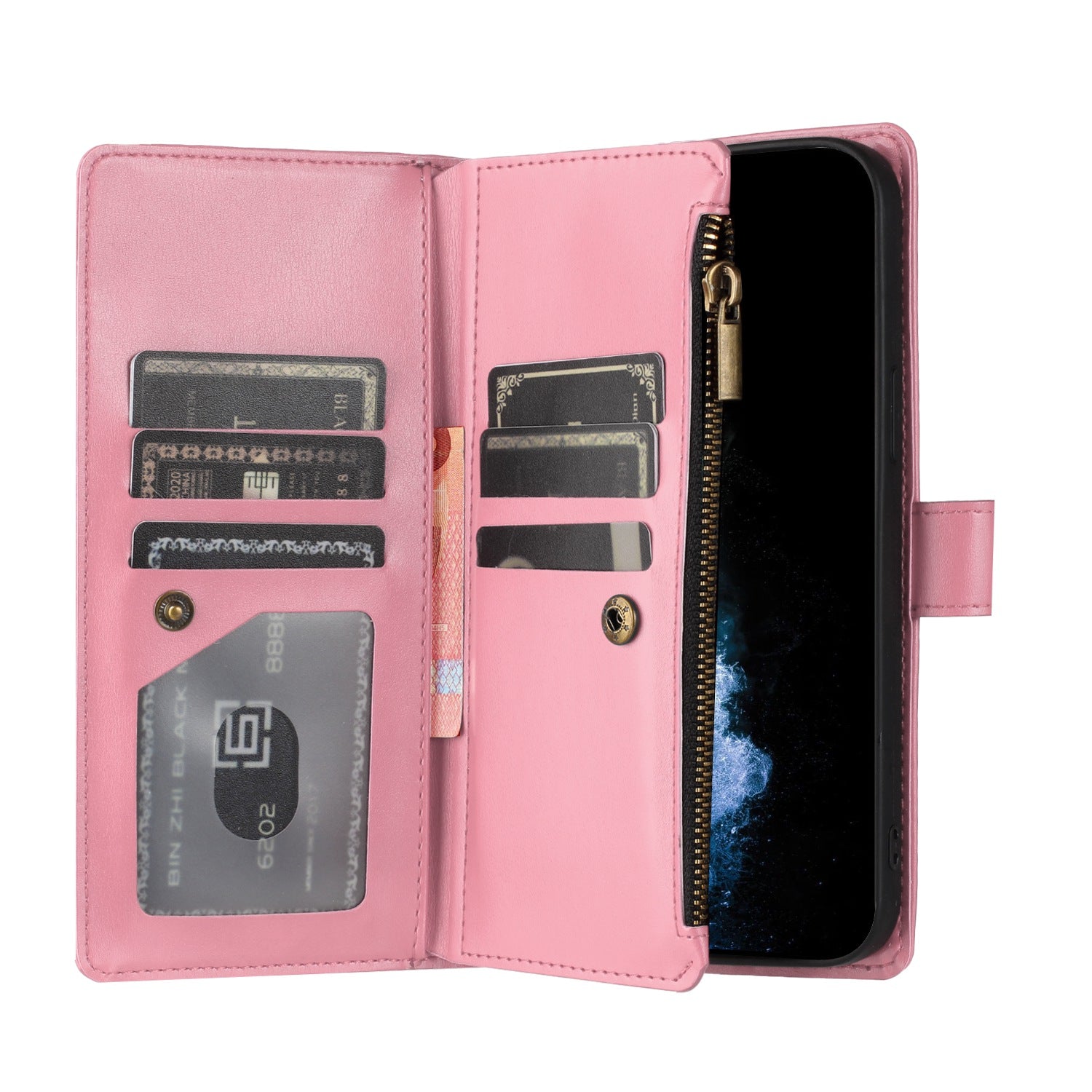 For Xiaomi 17 Pro Max Leather Case Zipper Wallet Stand Shockproof Phone Cover with Wrist Strap - Pink
