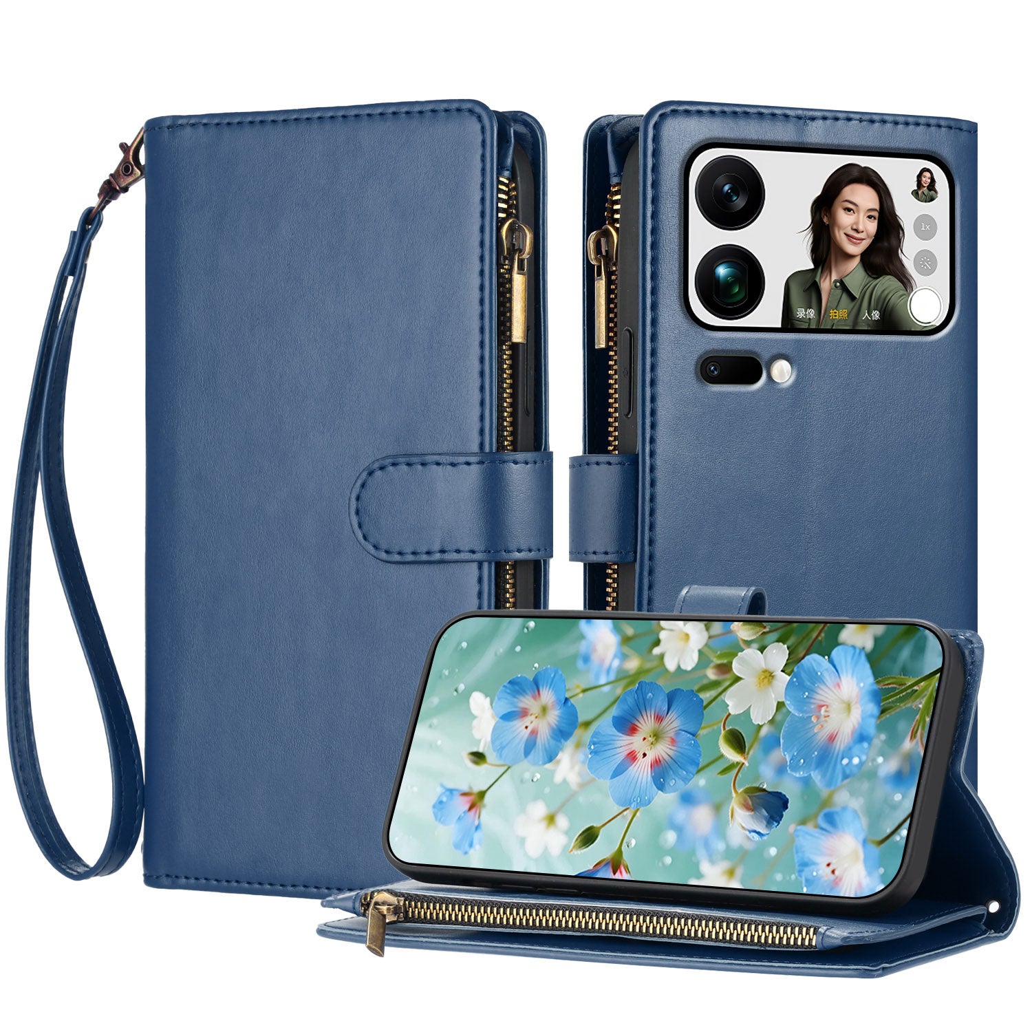 For Xiaomi 17 Pro Max Leather Case Zipper Wallet Stand Shockproof Phone Cover with Wrist Strap - Blue