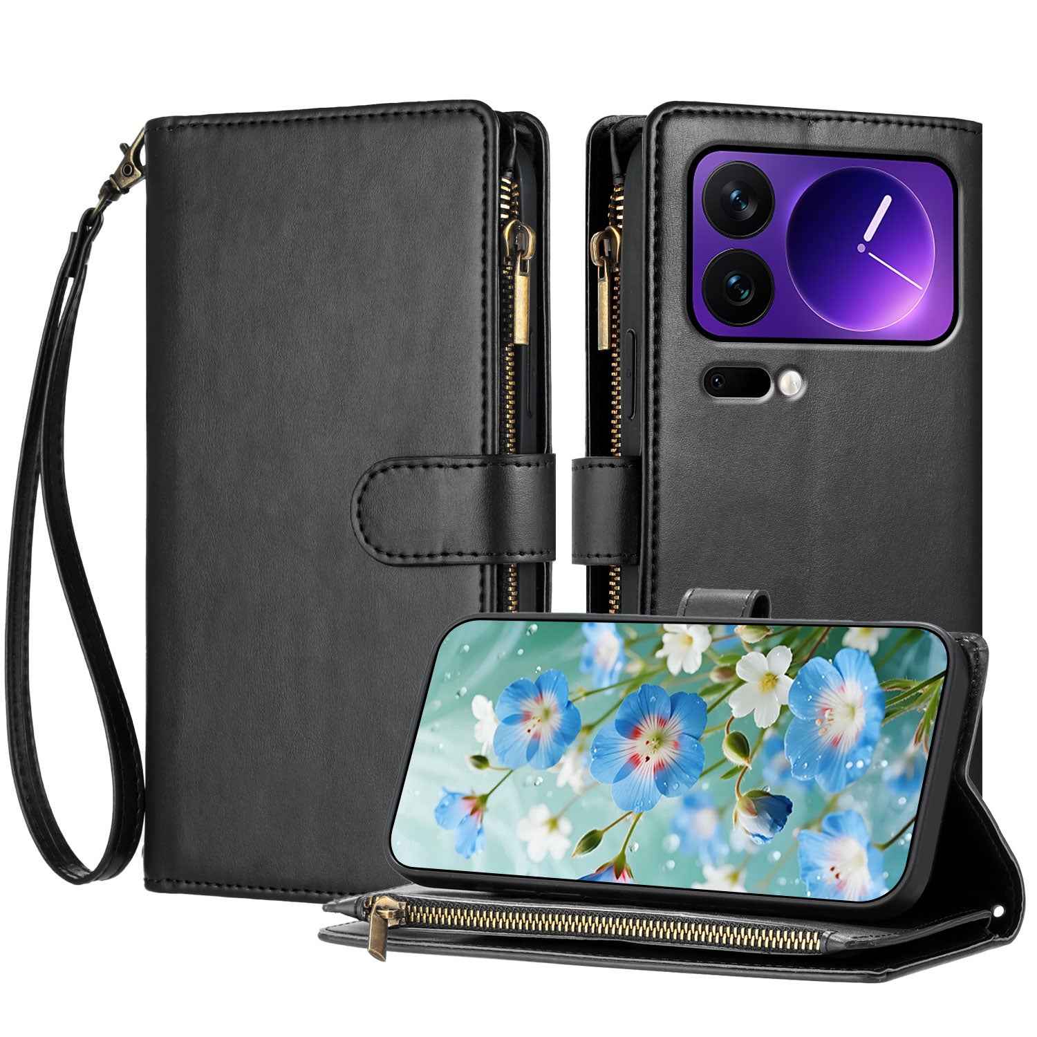 For Xiaomi 17 Pro Leather Case Zipper Wallet Stand Shockproof Phone Cover with Wrist Strap - Black