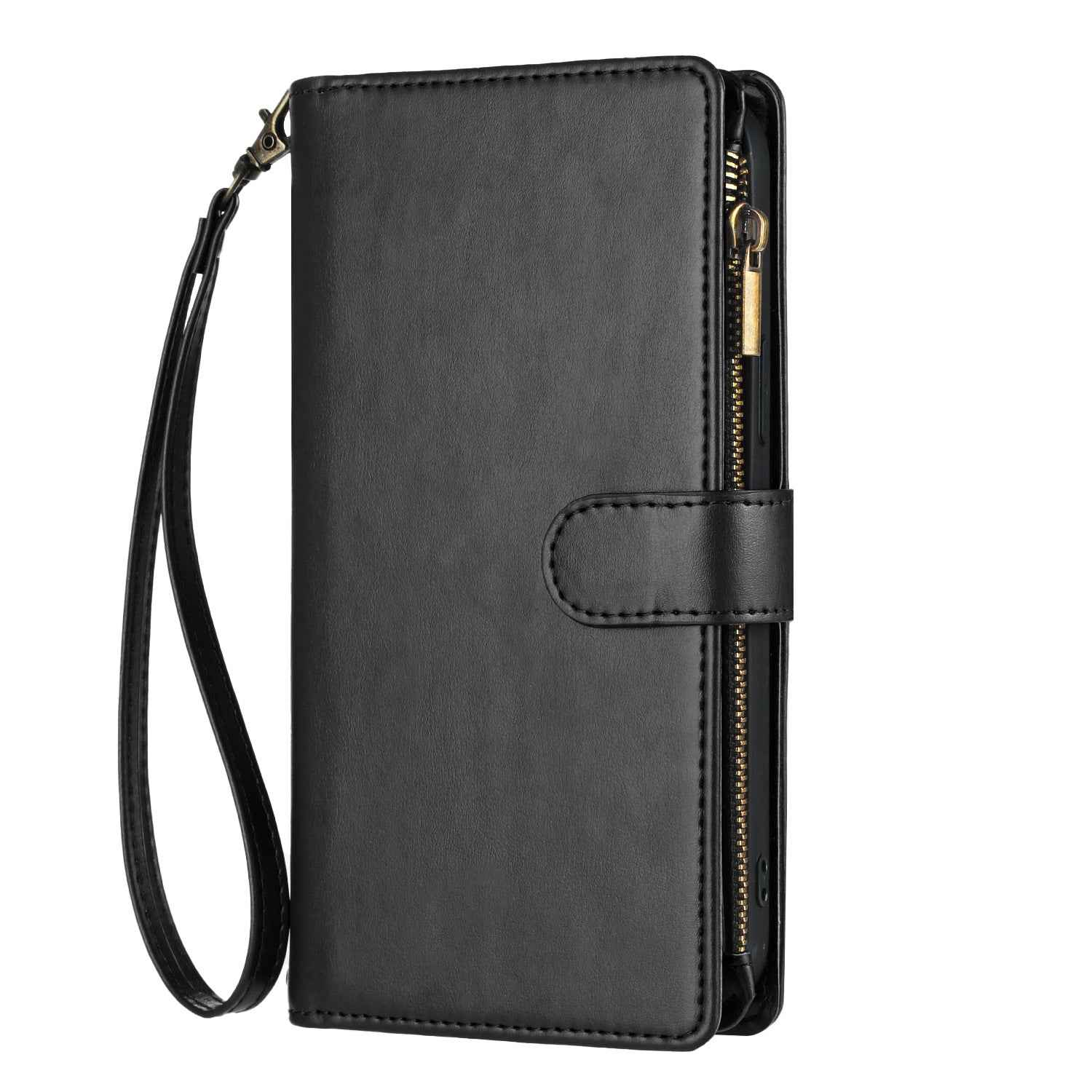 For Xiaomi 17 Pro Leather Case Zipper Wallet Stand Shockproof Phone Cover with Wrist Strap - Black