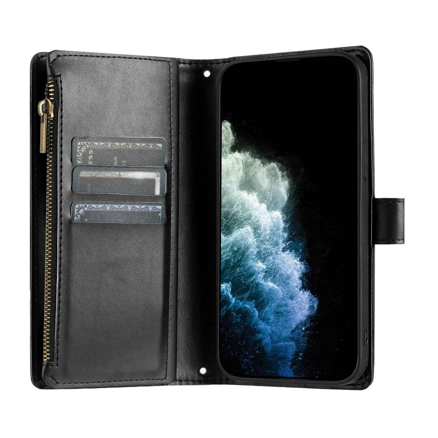 For Xiaomi 17 Pro Leather Case Zipper Wallet Stand Shockproof Phone Cover with Wrist Strap - Black