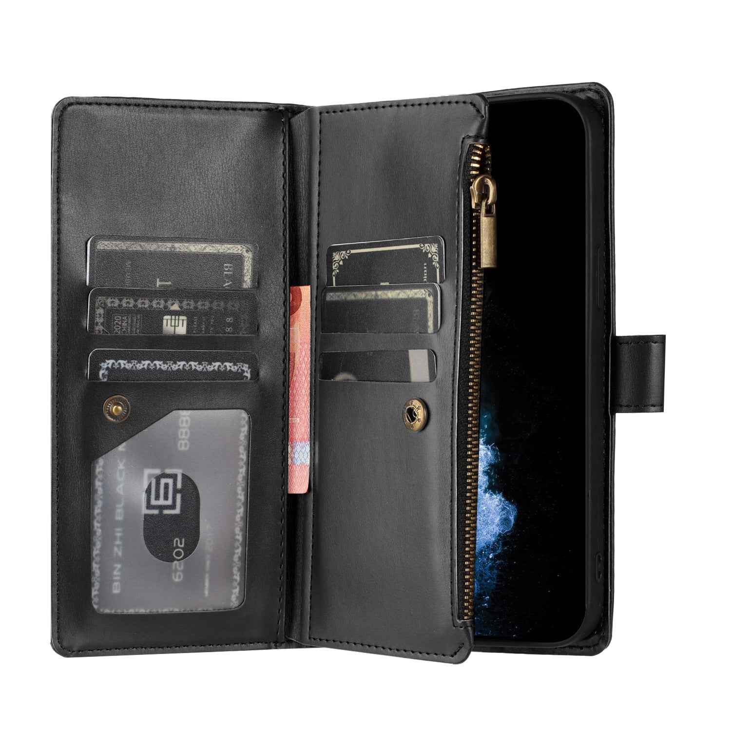 For Xiaomi 17 Pro Leather Case Zipper Wallet Stand Shockproof Phone Cover with Wrist Strap - Black