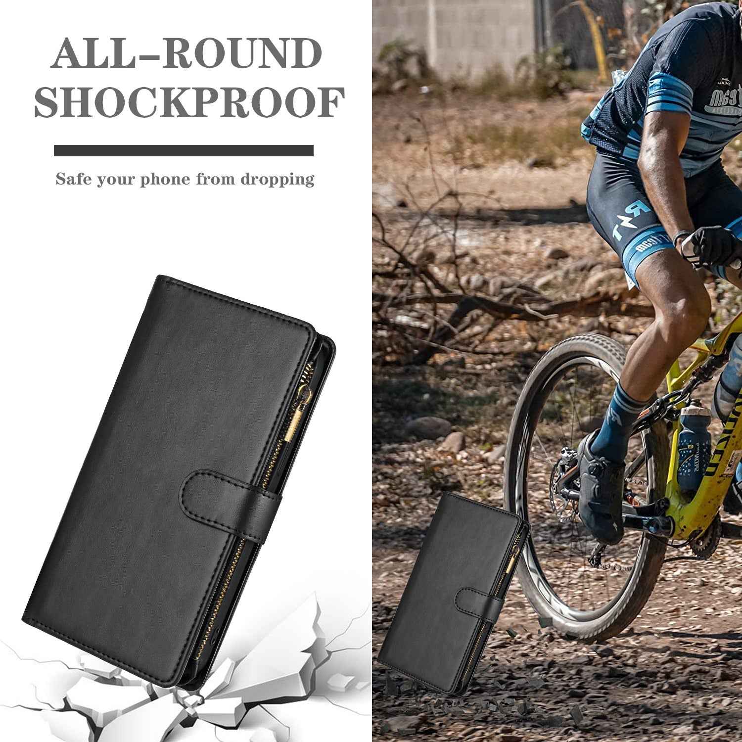 For Xiaomi 17 Pro Leather Case Zipper Wallet Stand Shockproof Phone Cover with Wrist Strap - Black