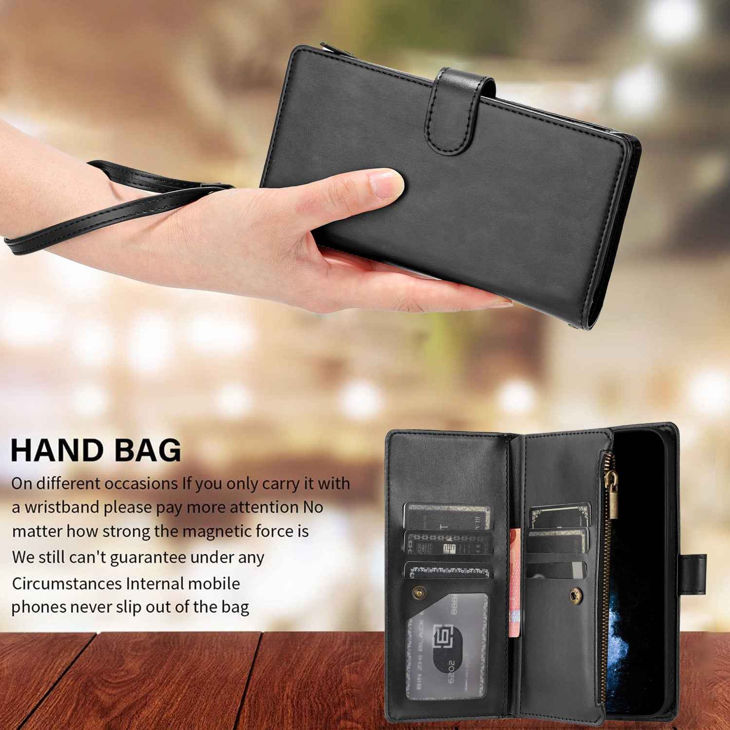 For Xiaomi 17 Pro Leather Case Zipper Wallet Stand Shockproof Phone Cover with Wrist Strap - Black
