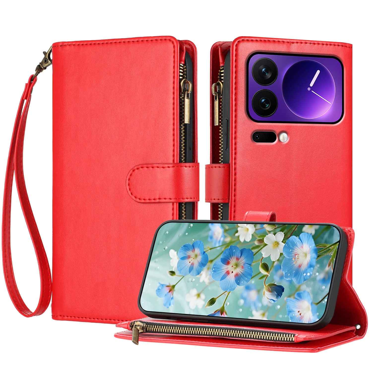 For Xiaomi 17 Pro Leather Case Zipper Wallet Stand Shockproof Phone Cover with Wrist Strap - Red