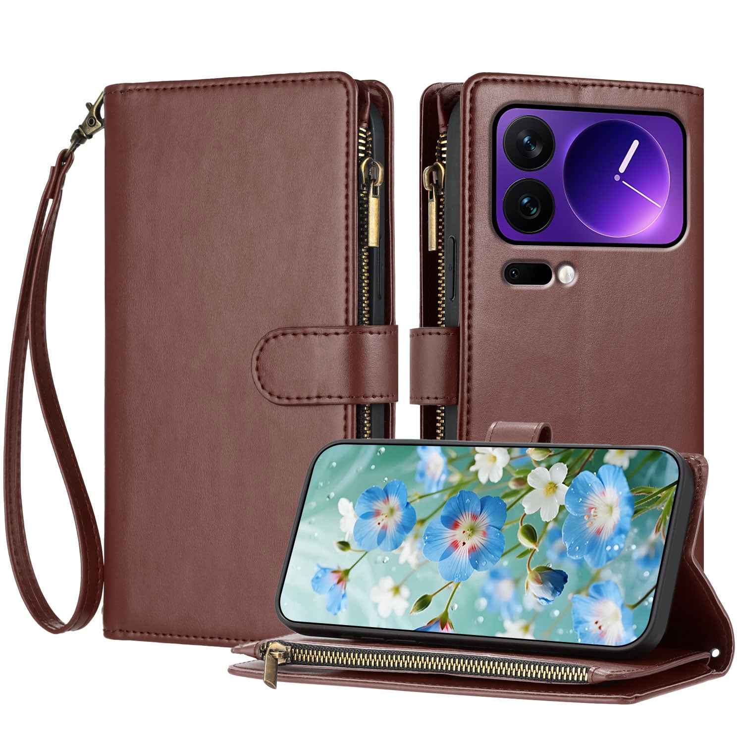 For Xiaomi 17 Pro Leather Case Zipper Wallet Stand Shockproof Phone Cover with Wrist Strap - Brown