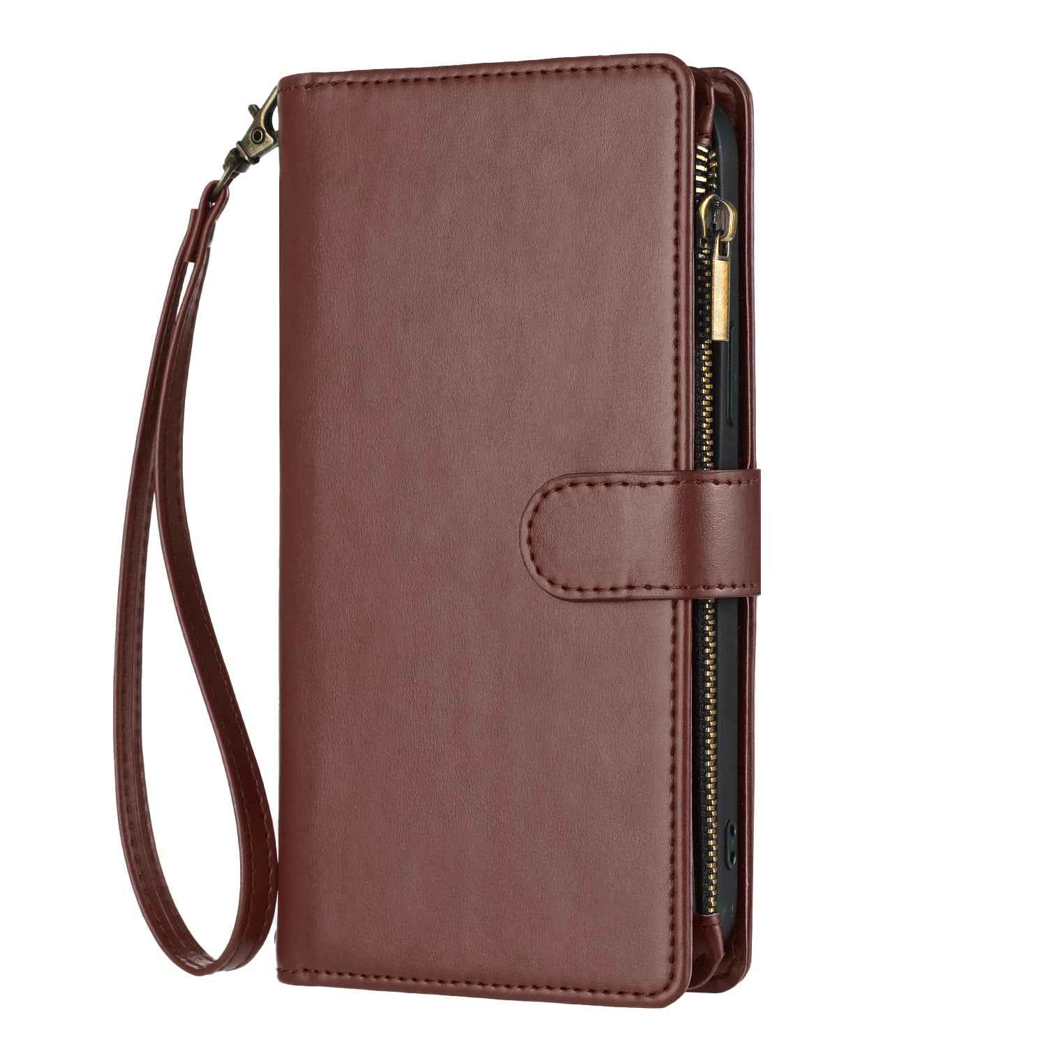 For Xiaomi 17 Pro Leather Case Zipper Wallet Stand Shockproof Phone Cover with Wrist Strap - Brown