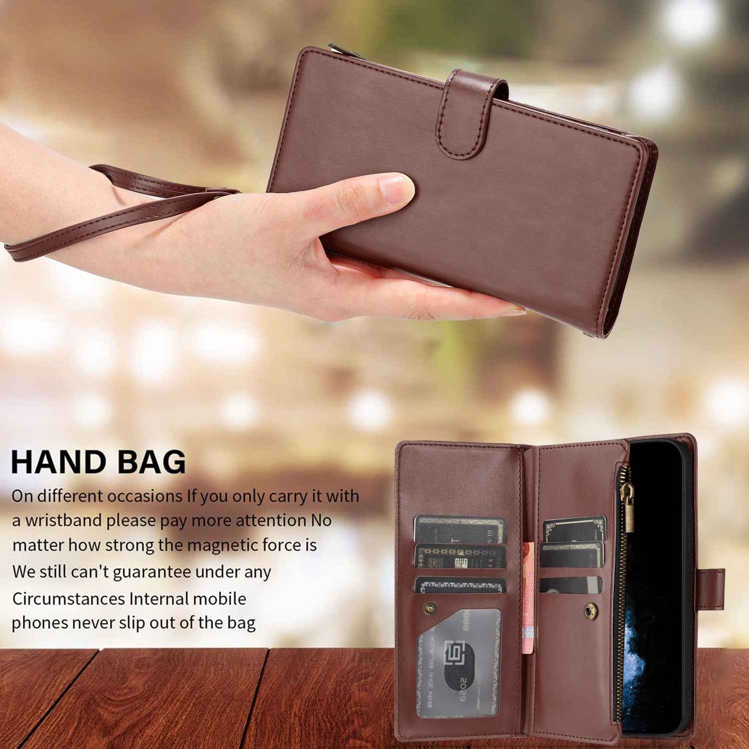 For Xiaomi 17 Pro Leather Case Zipper Wallet Stand Shockproof Phone Cover with Wrist Strap - Brown