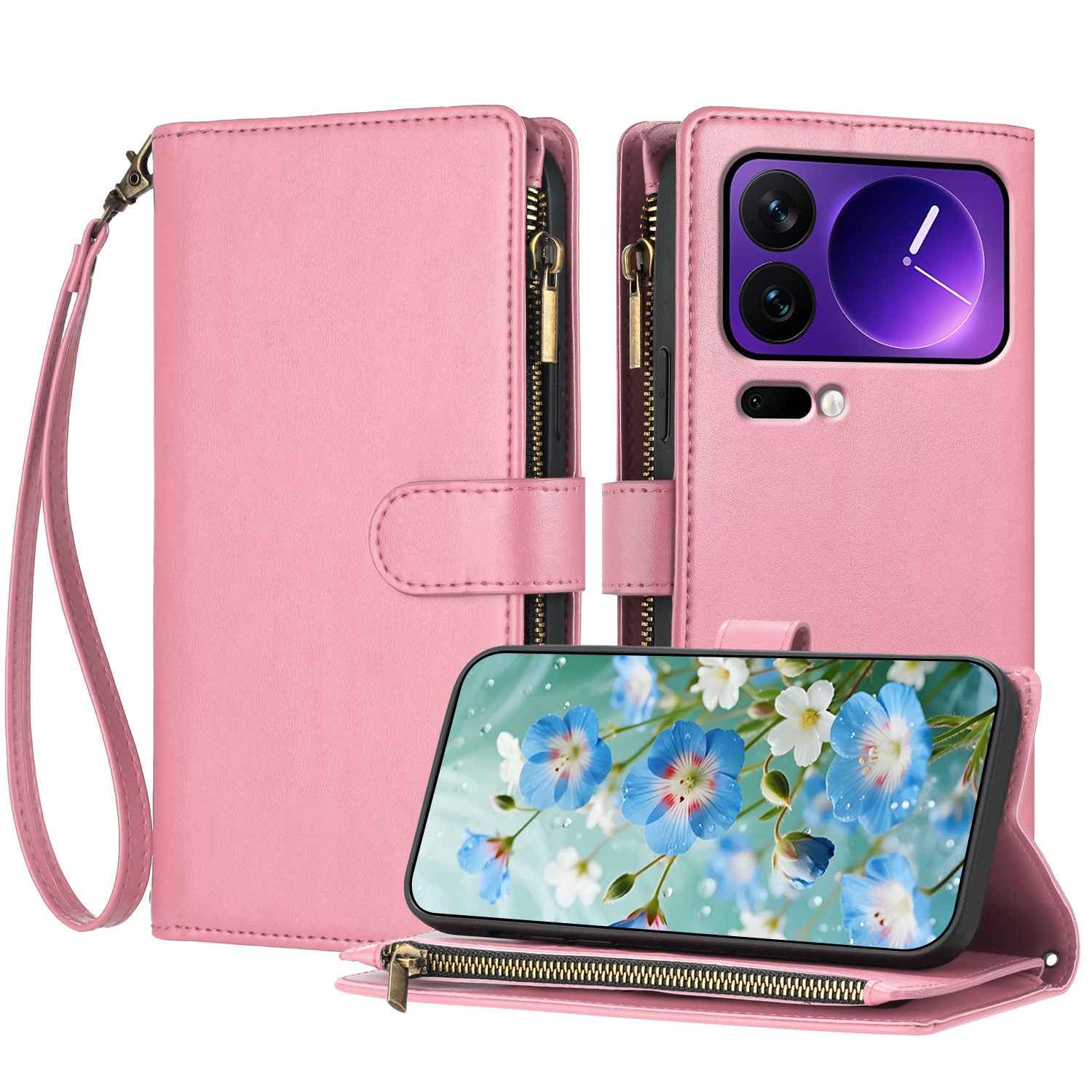 For Xiaomi 17 Pro Leather Case Zipper Wallet Stand Shockproof Phone Cover with Wrist Strap - Pink