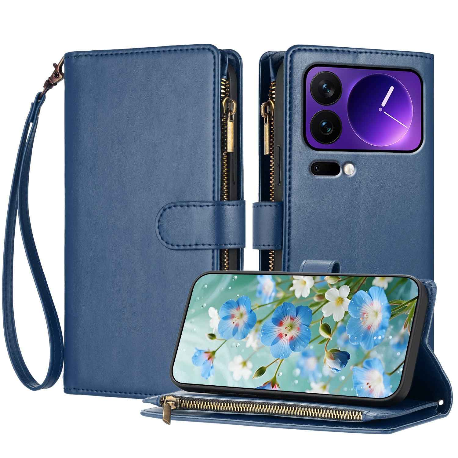 For Xiaomi 17 Pro Leather Case Zipper Wallet Stand Shockproof Phone Cover with Wrist Strap - Blue