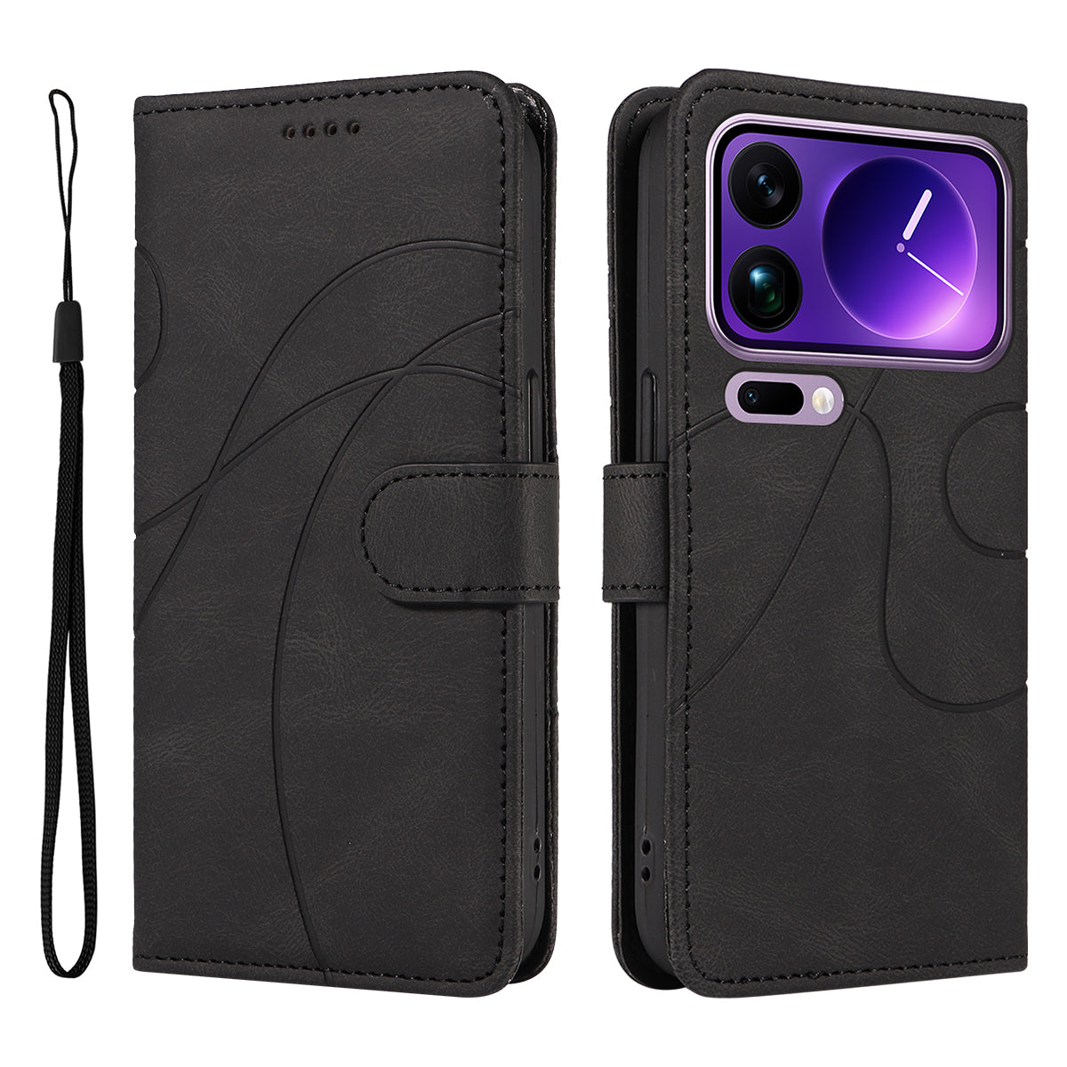 For Xiaomi 17 Pro Max Wallet Case Leather Phone Cover Stand with Curved Line Design -  Black