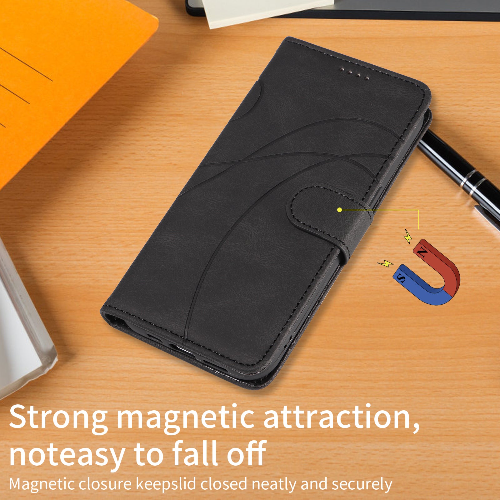 For Xiaomi 17 Pro Max Wallet Case Leather Phone Cover Stand with Curved Line Design -  Black