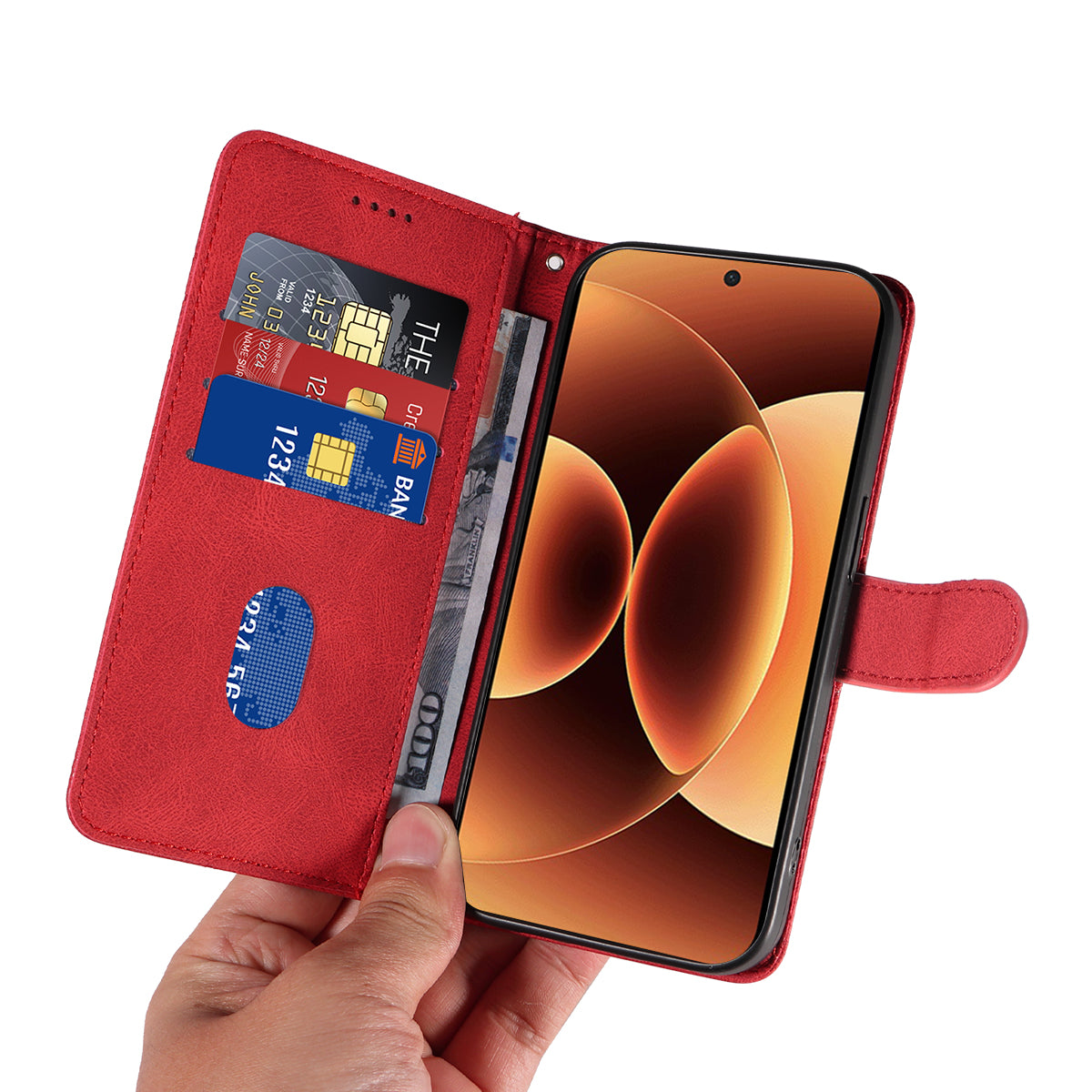 For Xiaomi 17 Pro Max Wallet Case Leather Phone Cover Stand with Curved Line Design - Red