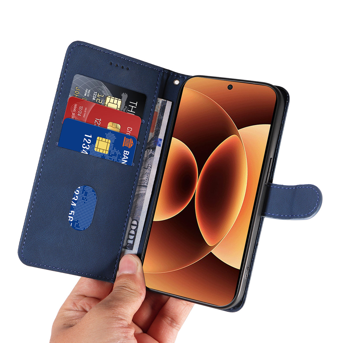 For Xiaomi 17 Pro Max Wallet Case Leather Phone Cover Stand with Curved Line Design - Blue