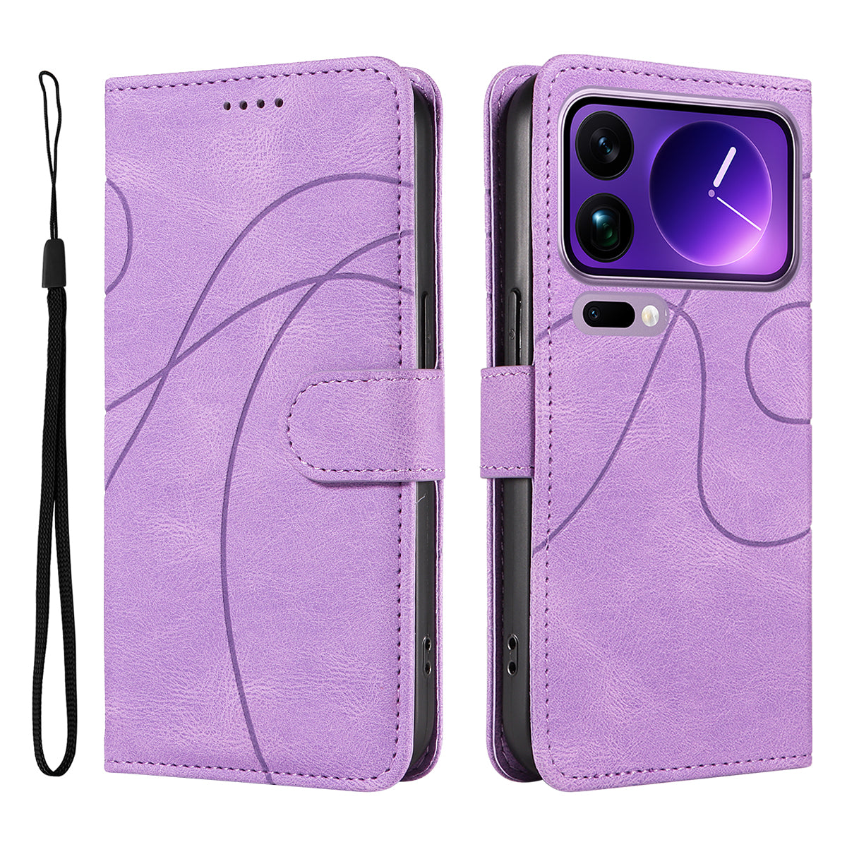 For Xiaomi 17 Pro Max Wallet Case Leather Phone Cover Stand with Curved Line Design -  Light Purple