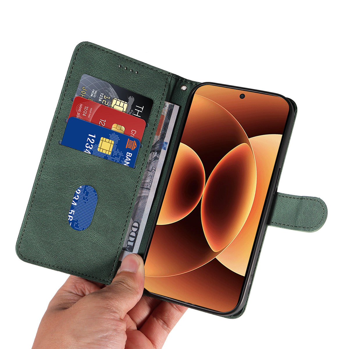 For Xiaomi 17 Pro Max Wallet Case Leather Phone Cover Stand with Curved Line Design - Green