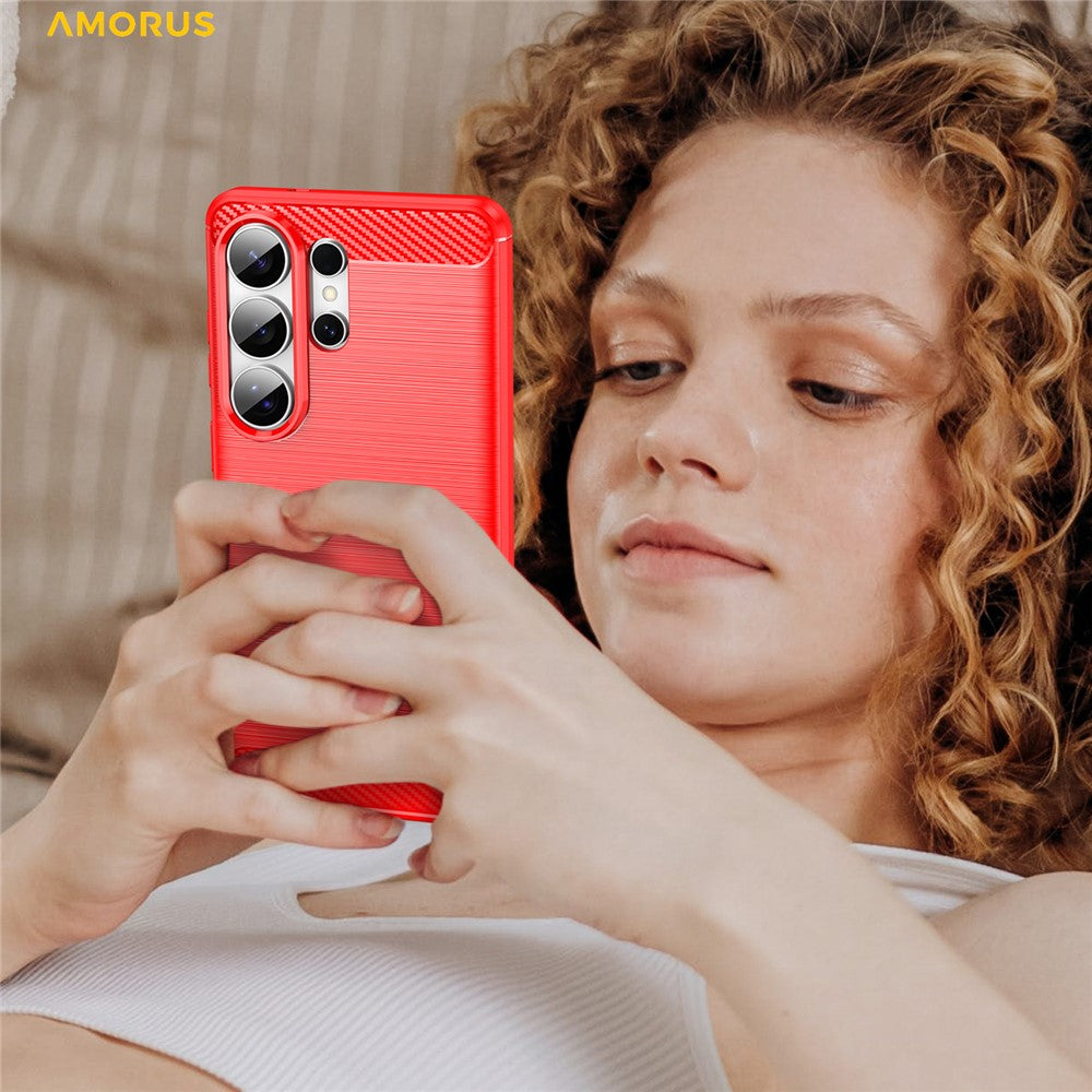 AMORUS-For-Samsung-Galaxy-S26-Ultra-Case-Carbon-Fiber-Texture-Brushed-Protective-Phone-Cover-Red