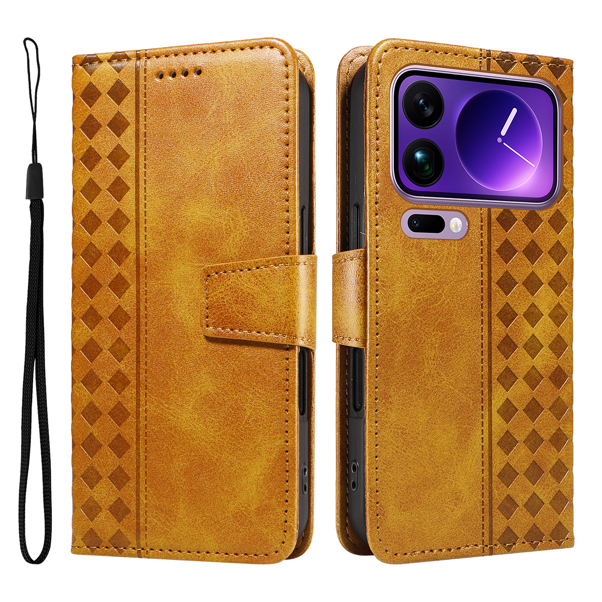 For Xiaomi 17 Pro Max Leather Case Wallet Stand Grids Imprinted Phone Cover with Strap - Yellow