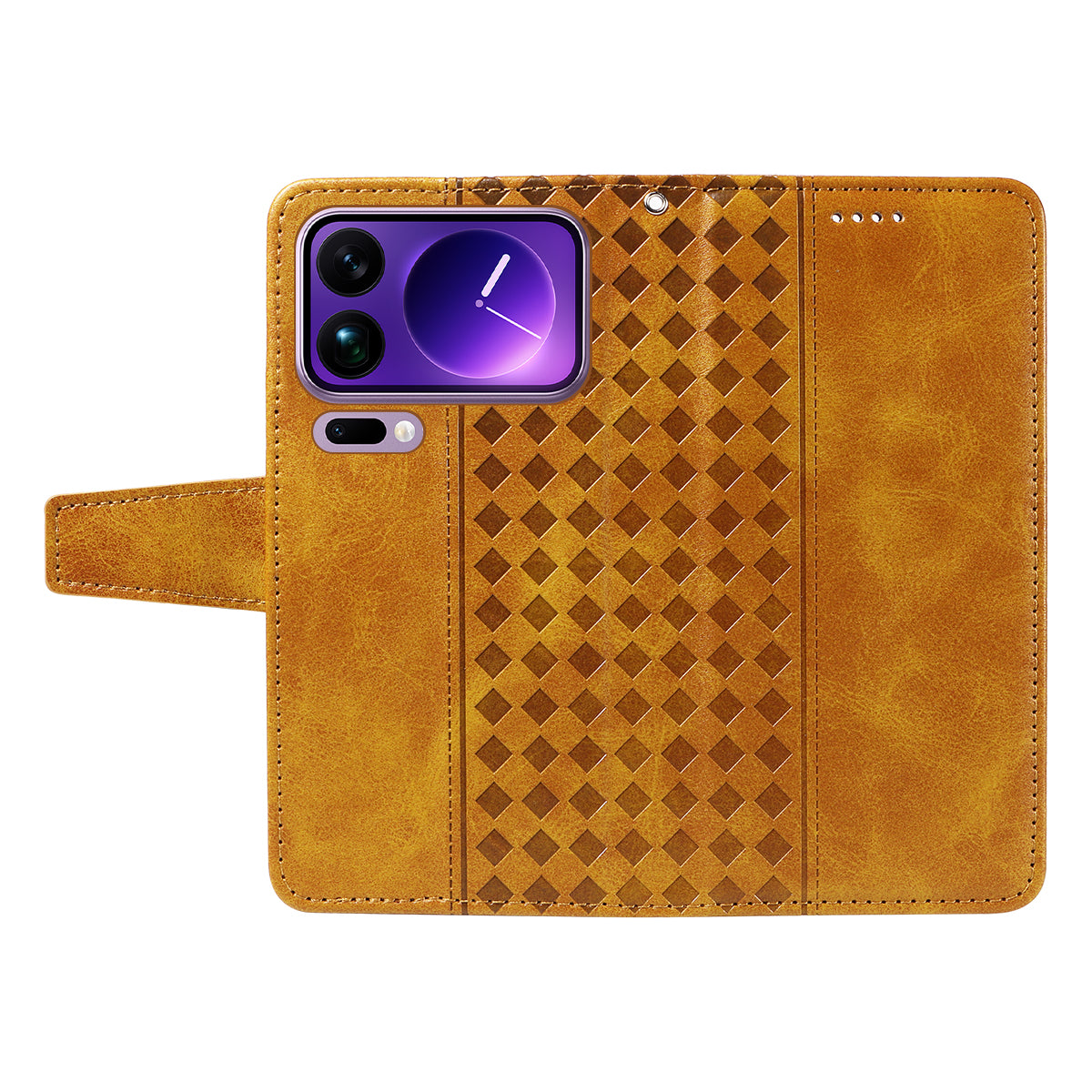 For Xiaomi 17 Pro Max Leather Case Wallet Stand Grids Imprinted Phone Cover with Strap - Yellow