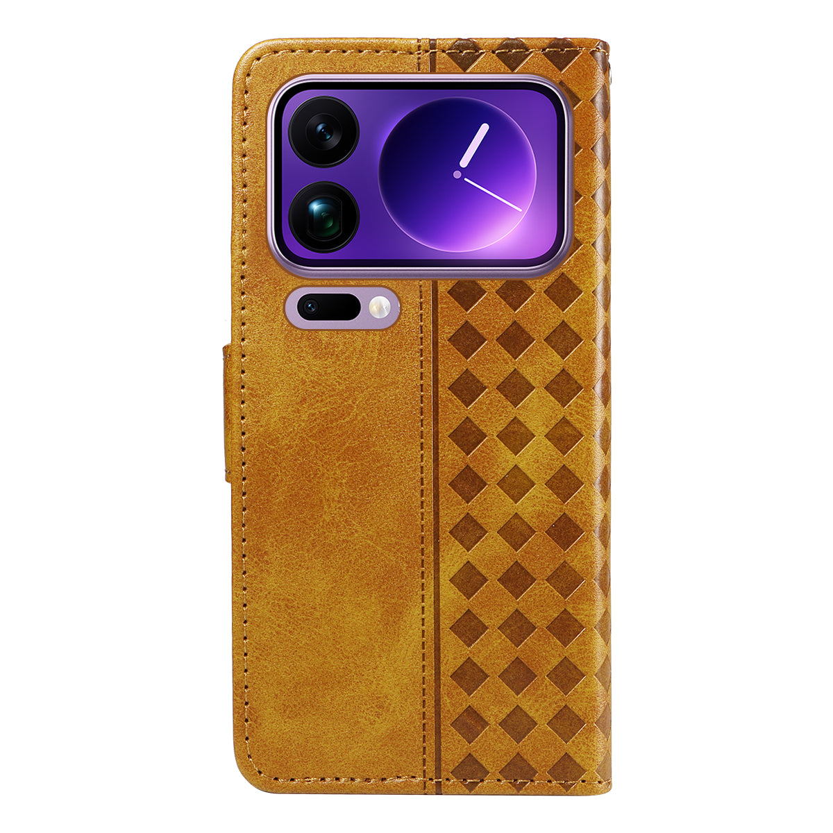 For Xiaomi 17 Pro Max Leather Case Wallet Stand Grids Imprinted Phone Cover with Strap - Yellow