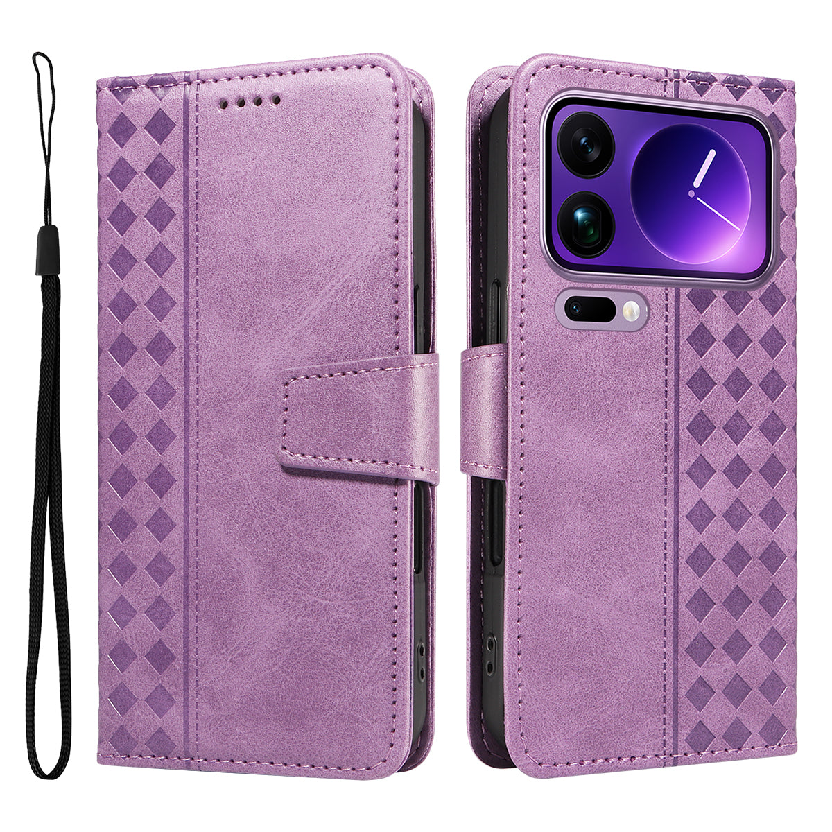 For Xiaomi 17 Pro Max Leather Case Wallet Stand Grids Imprinted Phone Cover with Strap - Light Purple