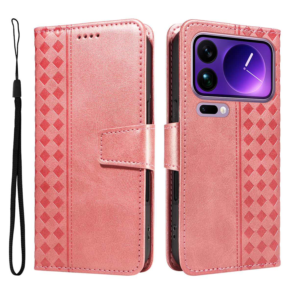 For Xiaomi 17 Pro Max Leather Case Wallet Stand Grids Imprinted Phone Cover with Strap - Rose Gold