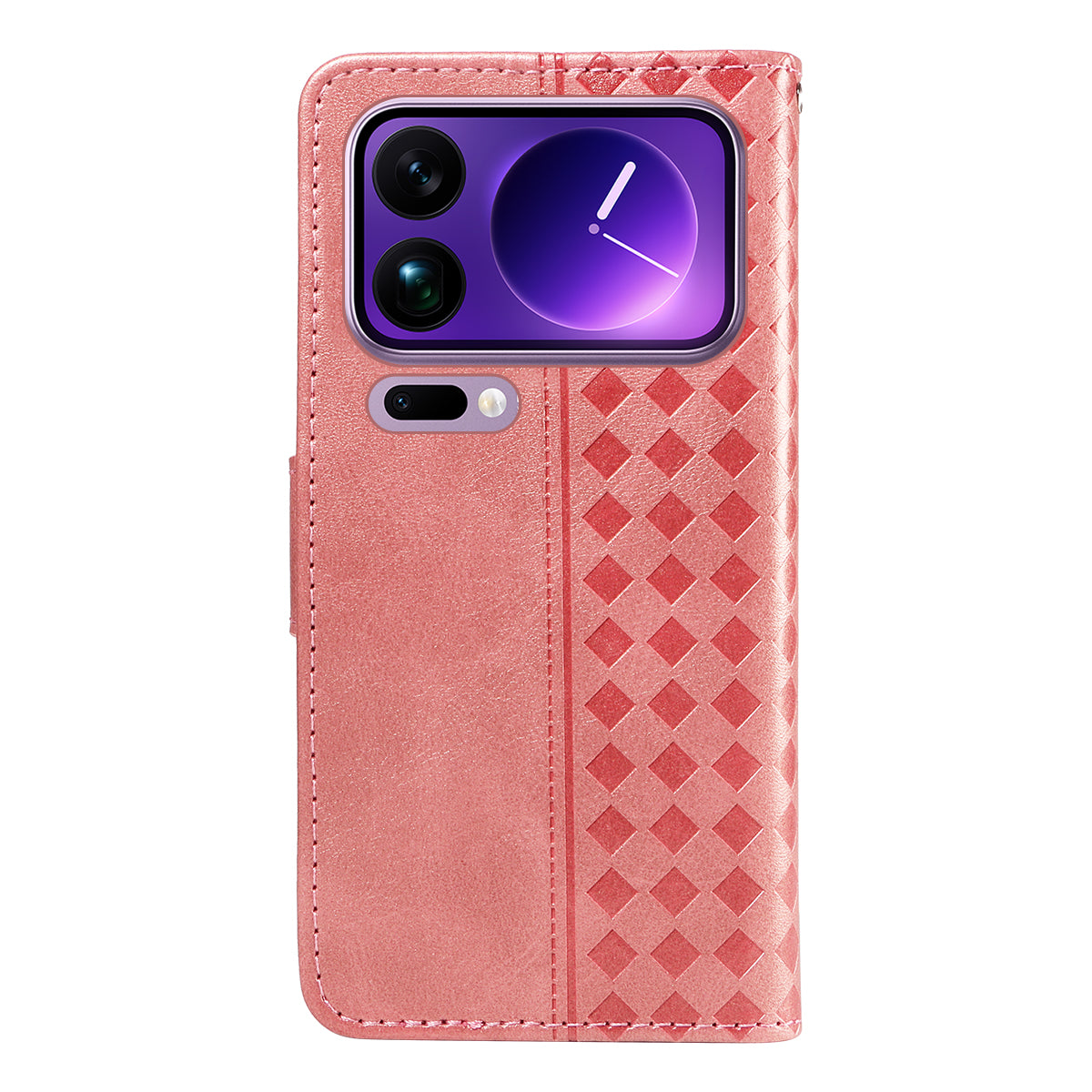 For Xiaomi 17 Pro Max Leather Case Wallet Stand Grids Imprinted Phone Cover with Strap - Rose Gold