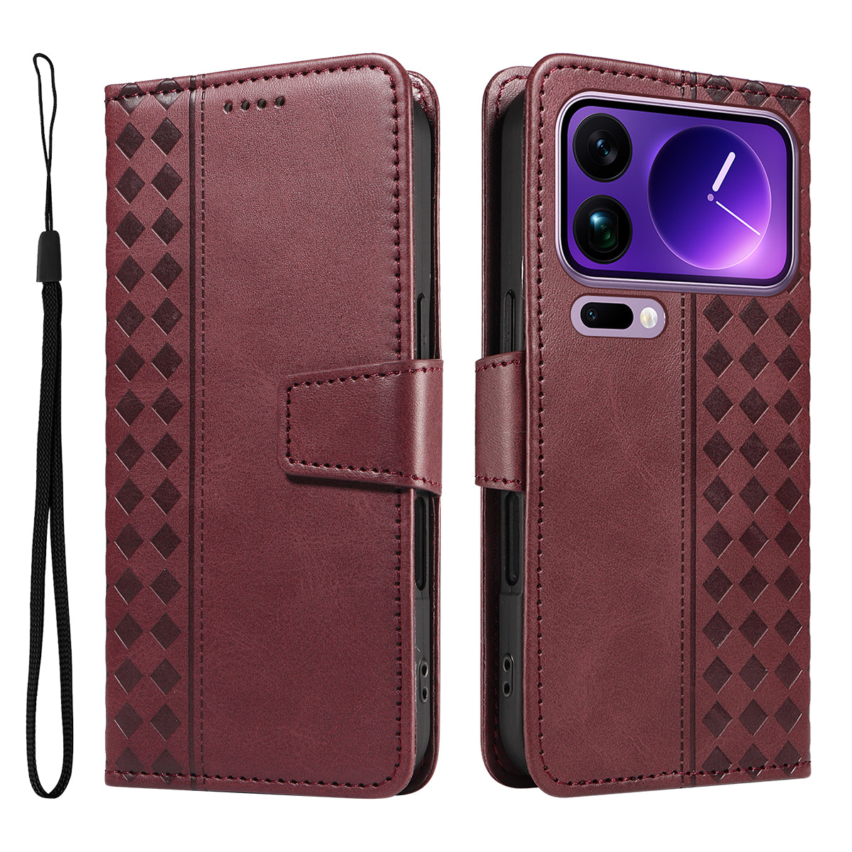 For Xiaomi 17 Pro Max Leather Case Wallet Stand Grids Imprinted Phone Cover with Strap -  Wine Red