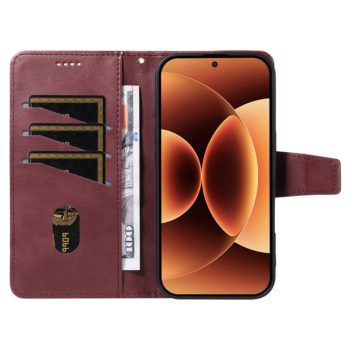 For Xiaomi 17 Pro Max Leather Case Wallet Stand Grids Imprinted Phone Cover with Strap -  Wine Red
