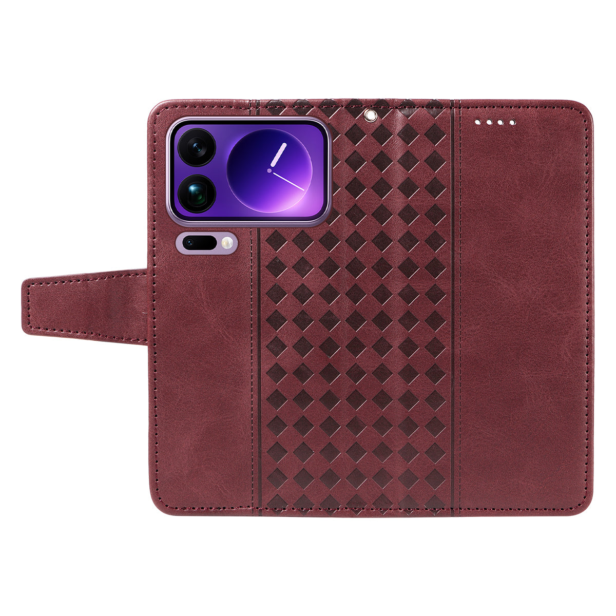 For Xiaomi 17 Pro Max Leather Case Wallet Stand Grids Imprinted Phone Cover with Strap -  Wine Red
