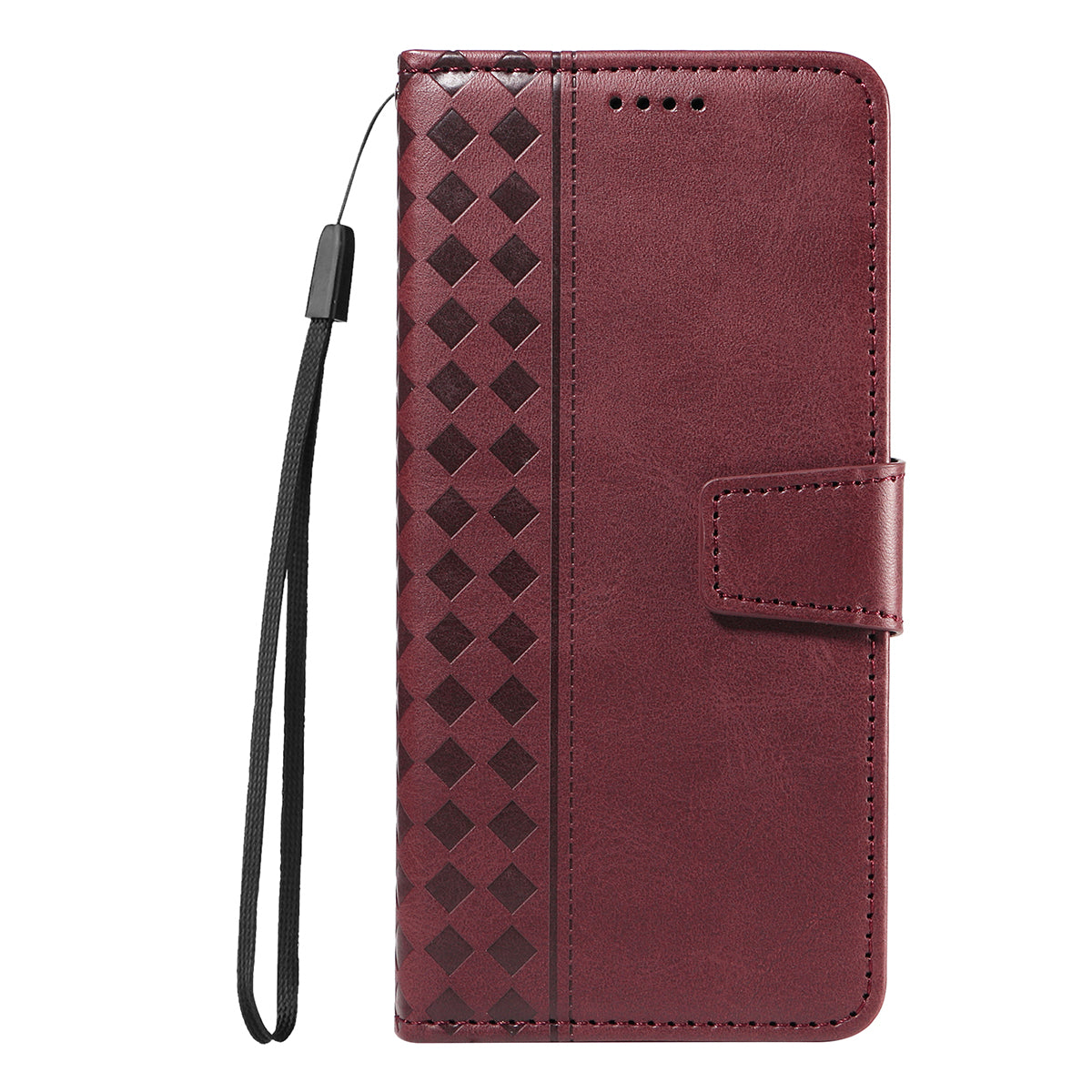 For Xiaomi 17 Pro Max Leather Case Wallet Stand Grids Imprinted Phone Cover with Strap -  Wine Red