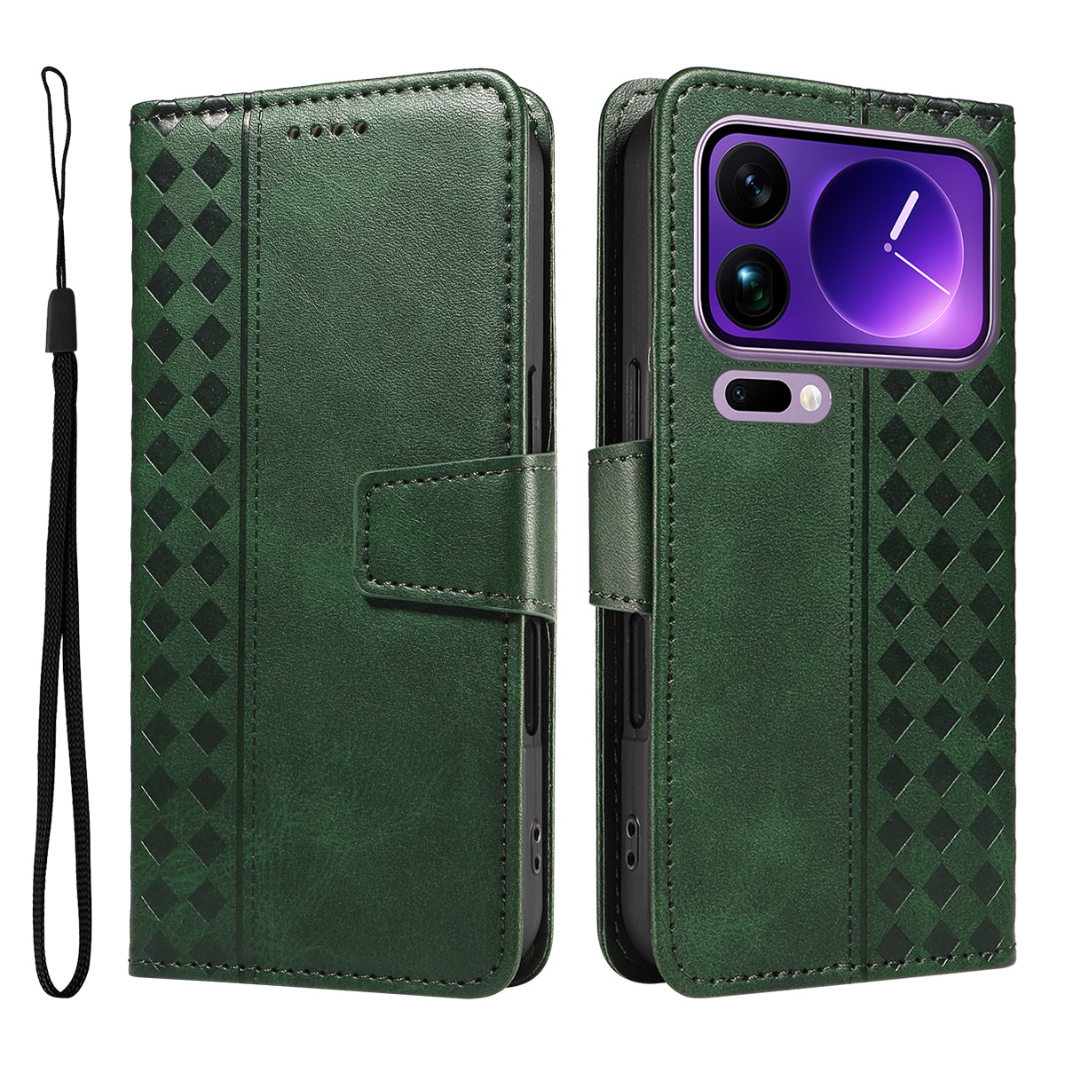 For Xiaomi 17 Pro Max Leather Case Wallet Stand Grids Imprinted Phone Cover with Strap - Green