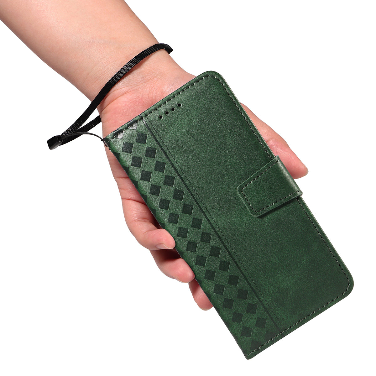 For Xiaomi 17 Pro Max Leather Case Wallet Stand Grids Imprinted Phone Cover with Strap - Green