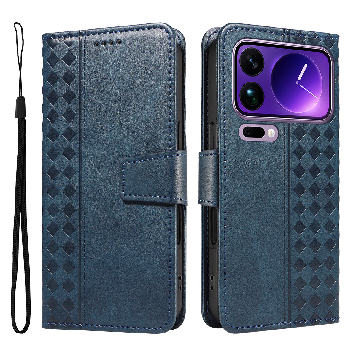For Xiaomi 17 Pro Max Leather Case Wallet Stand Grids Imprinted Phone Cover with Strap - Blue