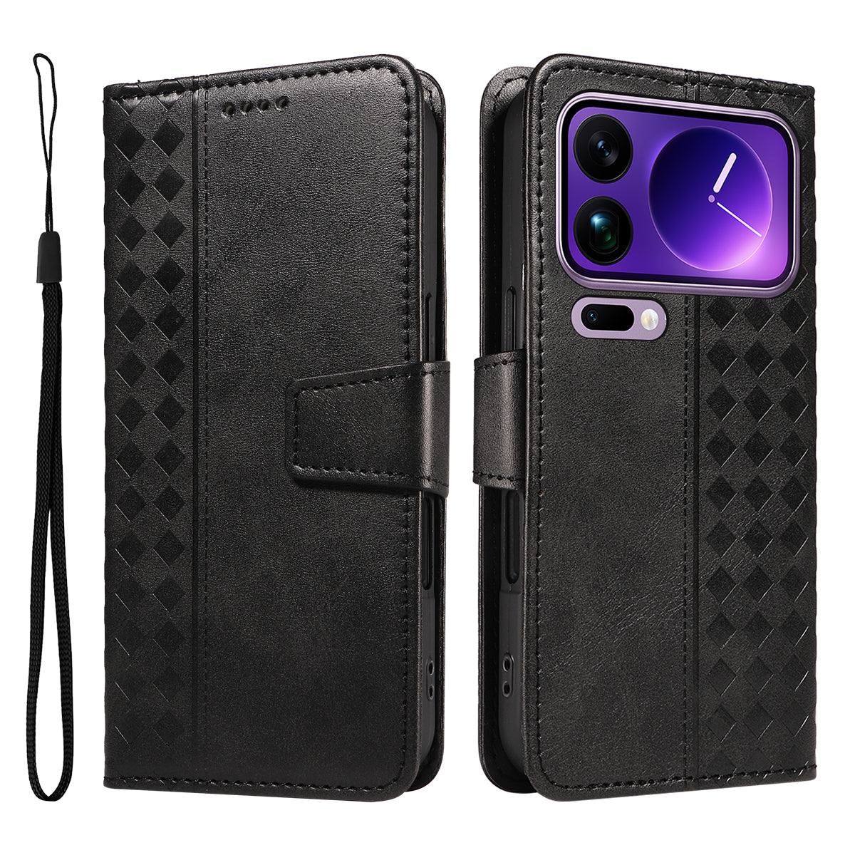 For Xiaomi 17 Pro Max Leather Case Wallet Stand Grids Imprinted Phone Cover with Strap - Black