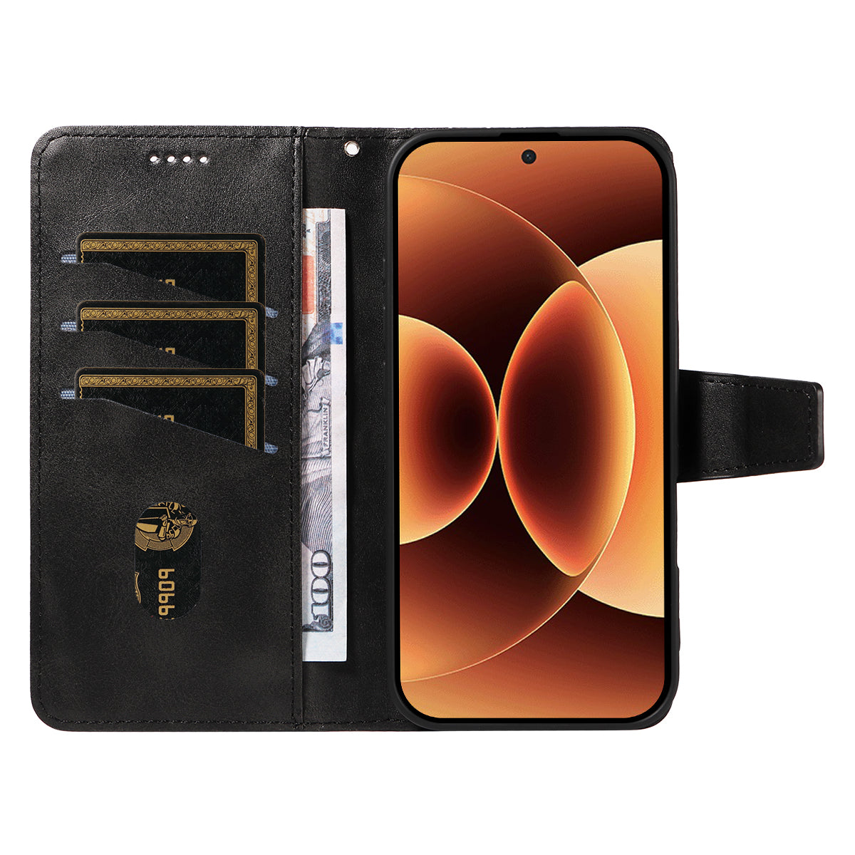 For Xiaomi 17 Pro Max Leather Case Wallet Stand Grids Imprinted Phone Cover with Strap - Black