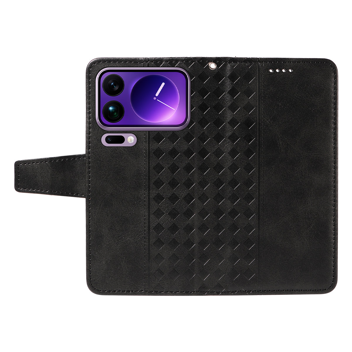 For Xiaomi 17 Pro Max Leather Case Wallet Stand Grids Imprinted Phone Cover with Strap - Black