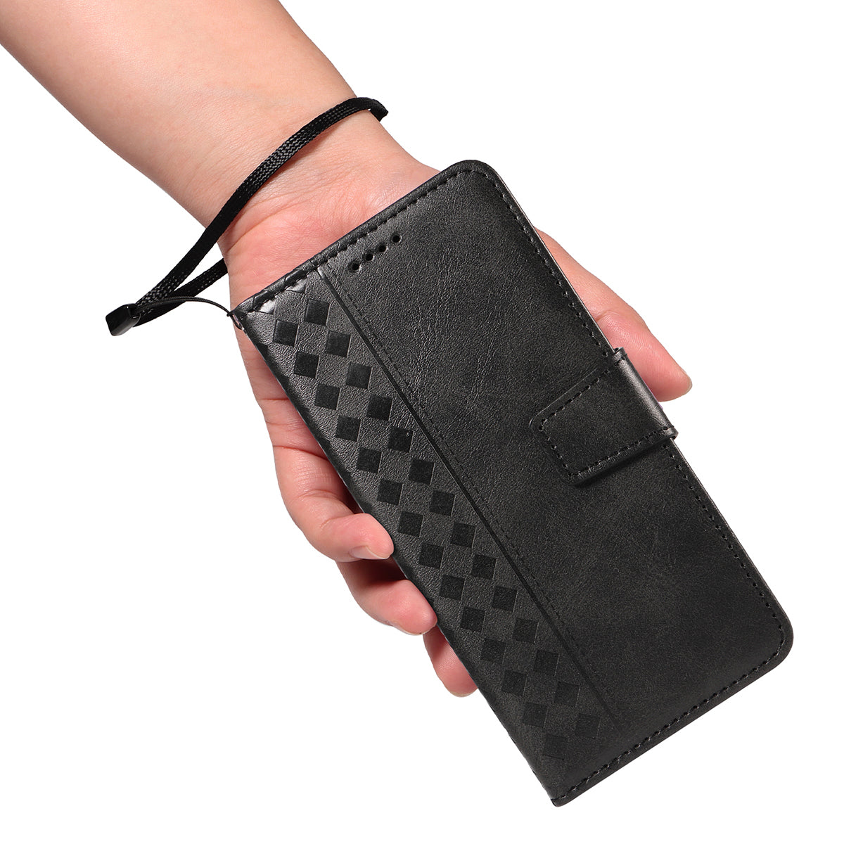 For Xiaomi 17 Pro Max Leather Case Wallet Stand Grids Imprinted Phone Cover with Strap - Black