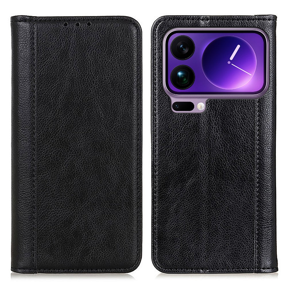 For Xiaomi 17 Pro Max Stand Case Split Leather Litchi Texture Wallet Phone Cover - Black