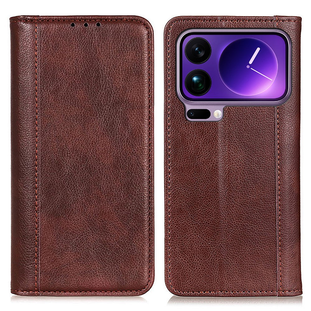 For Xiaomi 17 Pro Max Stand Case Split Leather Litchi Texture Wallet Phone Cover - Brown