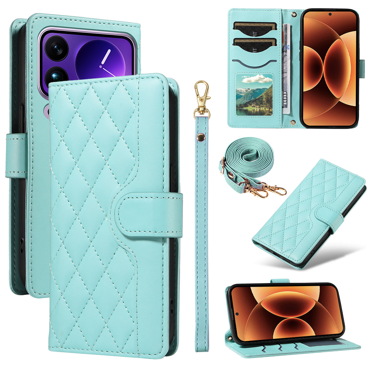 For Xiaomi 17 Pro Max Wallet Case Rhombus Leather Phone Cover with Strap - Green