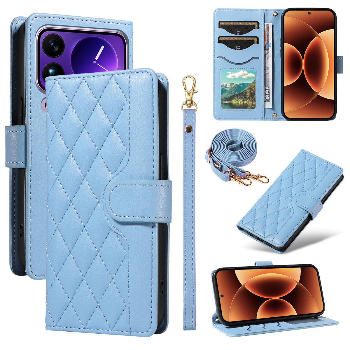 For Xiaomi 17 Pro Max Wallet Case Rhombus Leather Phone Cover with Strap - Blue