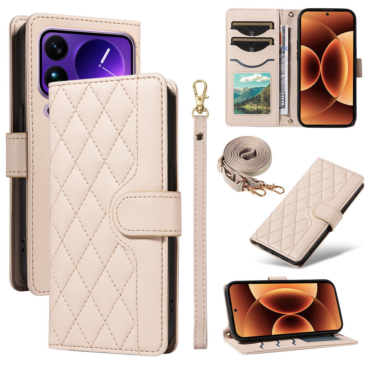 For Xiaomi 17 Pro Max Wallet Case Rhombus Leather Phone Cover with Strap - Apricot