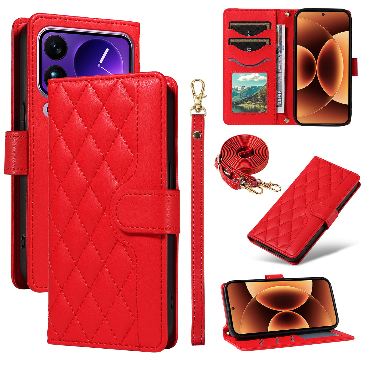 For Xiaomi 17 Pro Max Wallet Case Rhombus Leather Phone Cover with Strap -  Red
