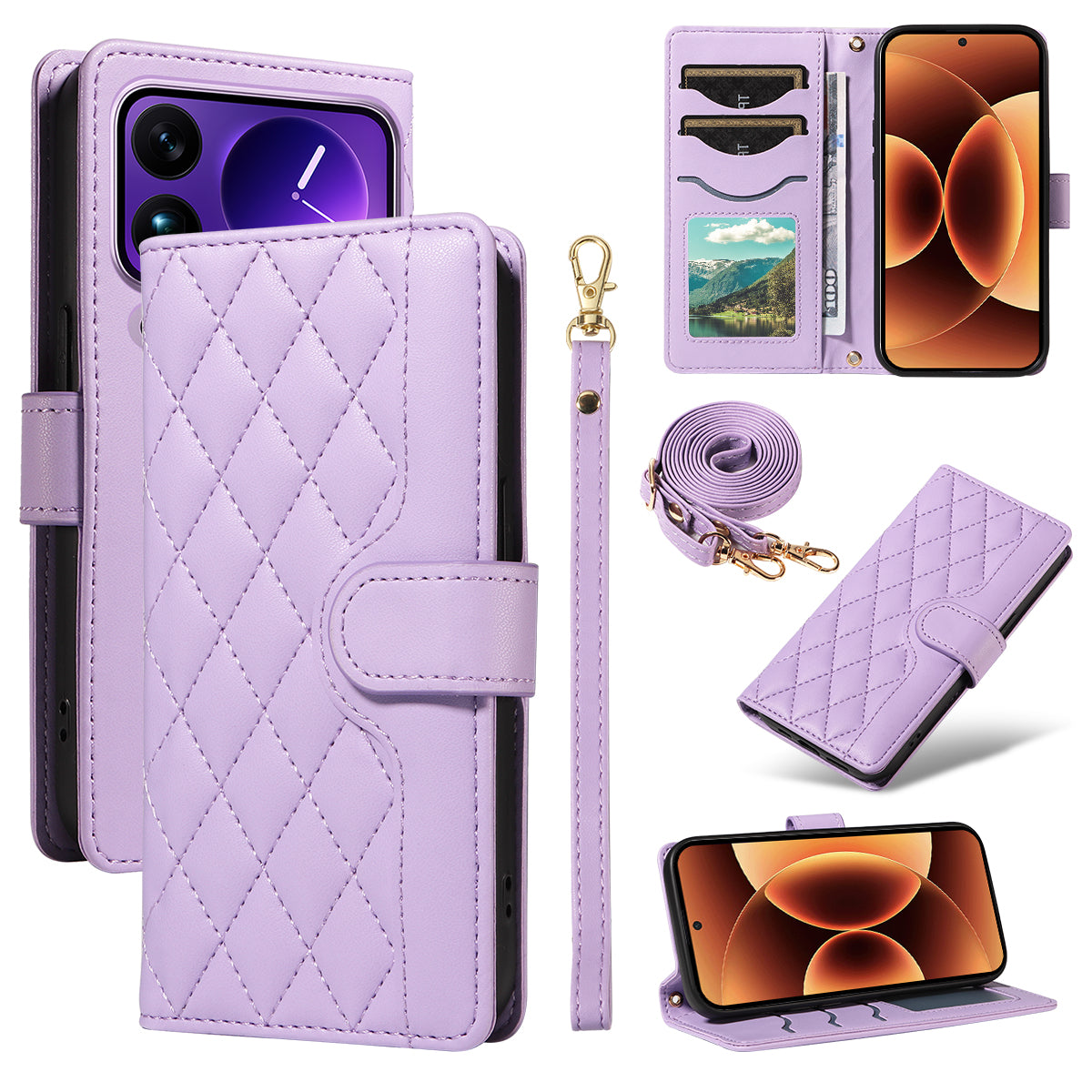 For Xiaomi 17 Pro Max Wallet Case Rhombus Leather Phone Cover with Strap -  Light Purple