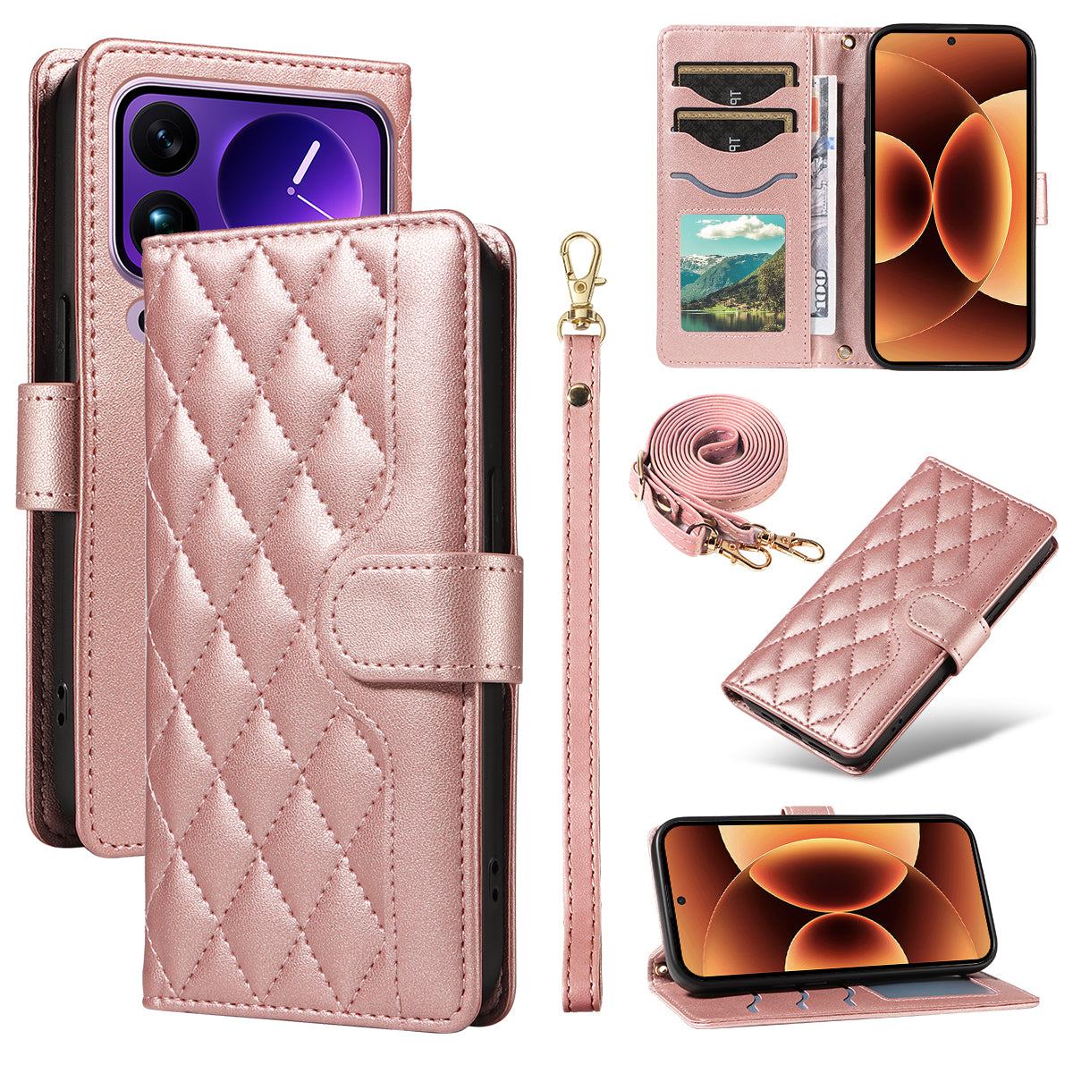For Xiaomi 17 Pro Max Wallet Case Rhombus Leather Phone Cover with Strap -  Rose Gold