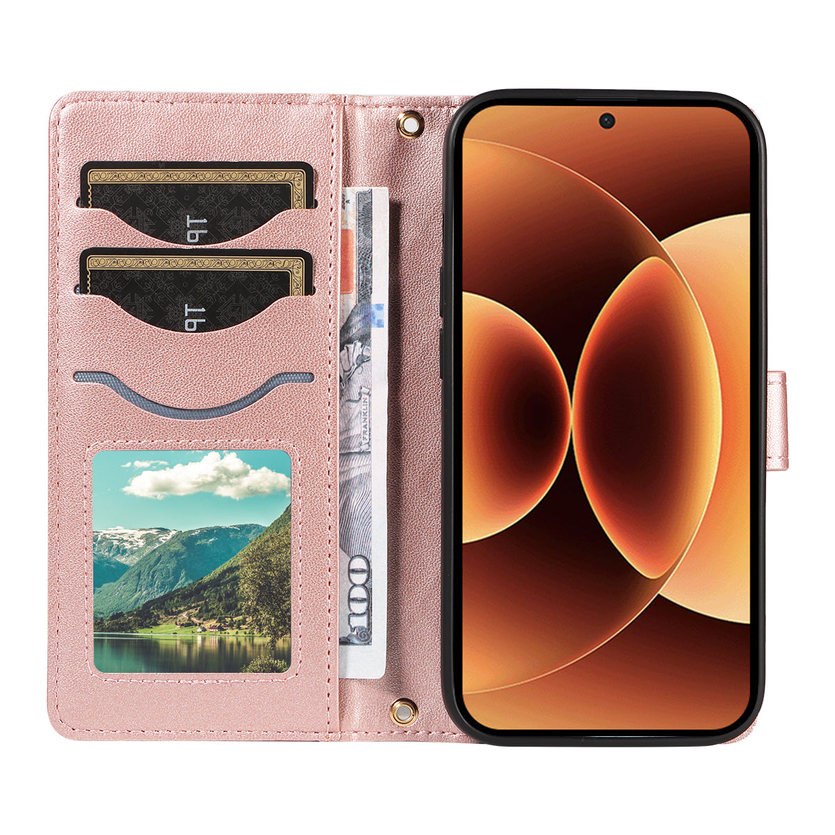 For Xiaomi 17 Pro Max Wallet Case Rhombus Leather Phone Cover with Strap -  Rose Gold